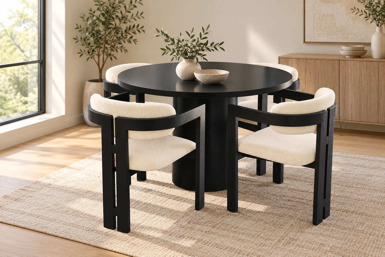 Round dining furniture in an illustrative interior setting