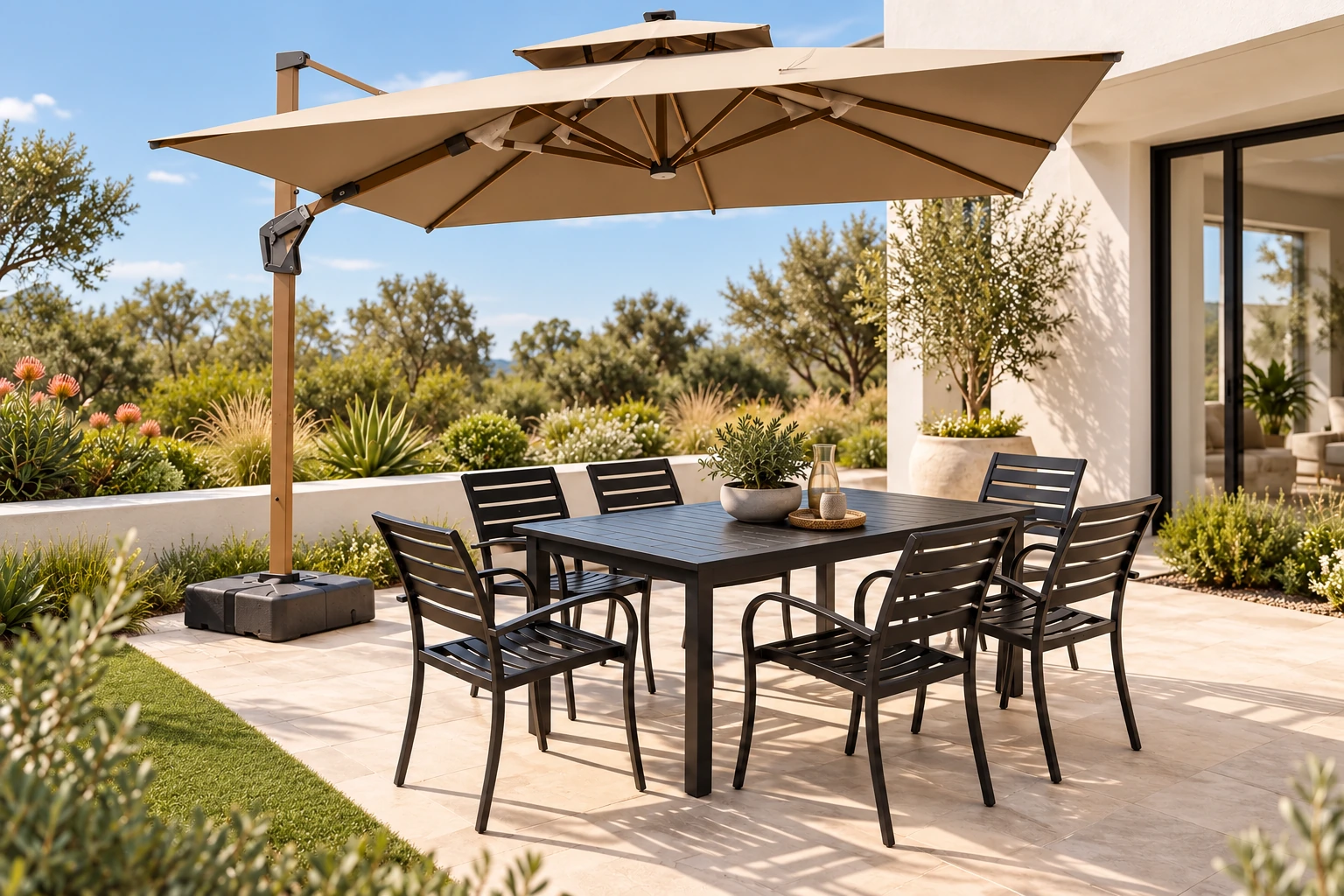 Illustrative terrace setting with outdoor dining furniture and a patio umbrella