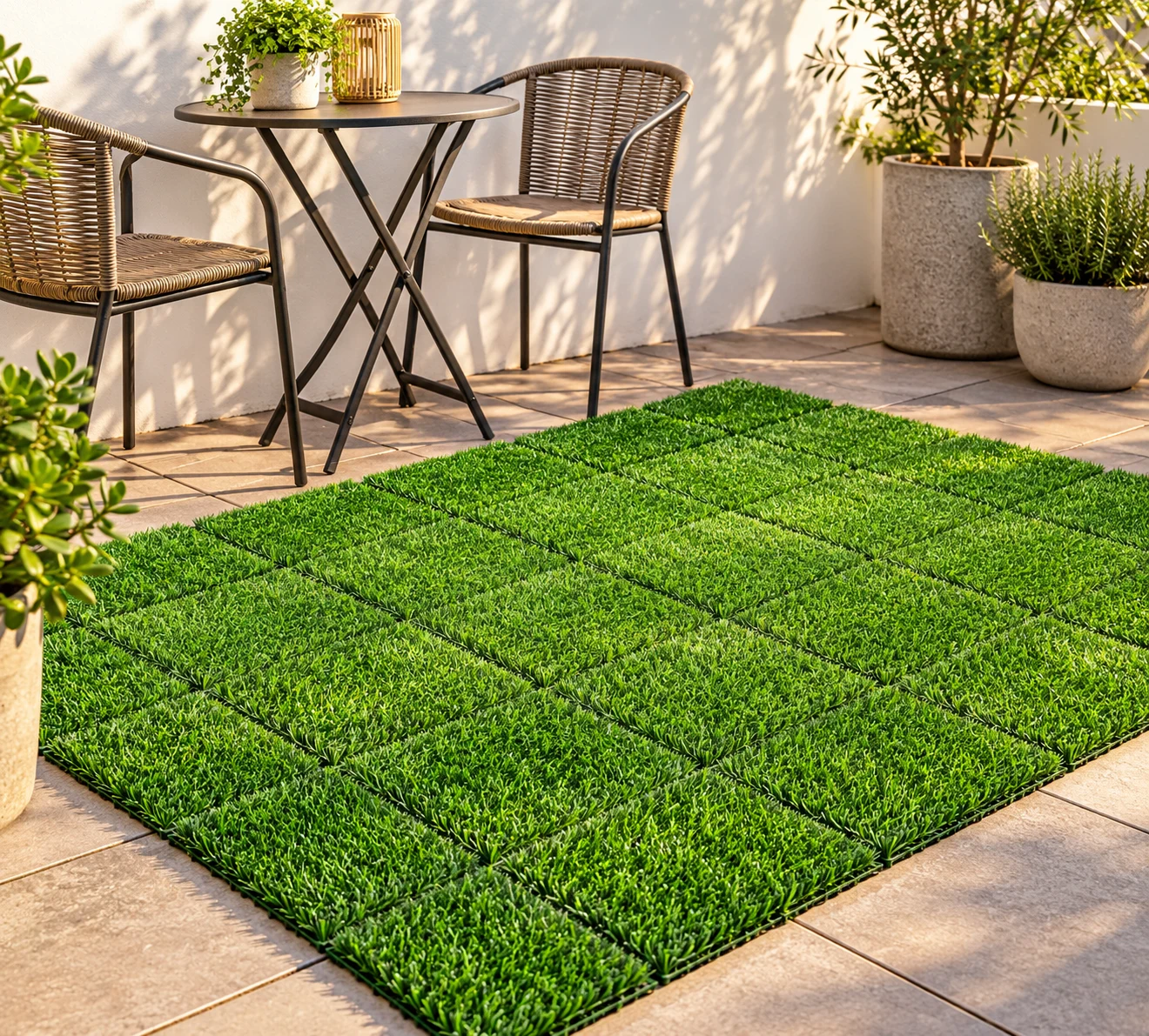 Illustrative garden furniture and turf in a patio setting